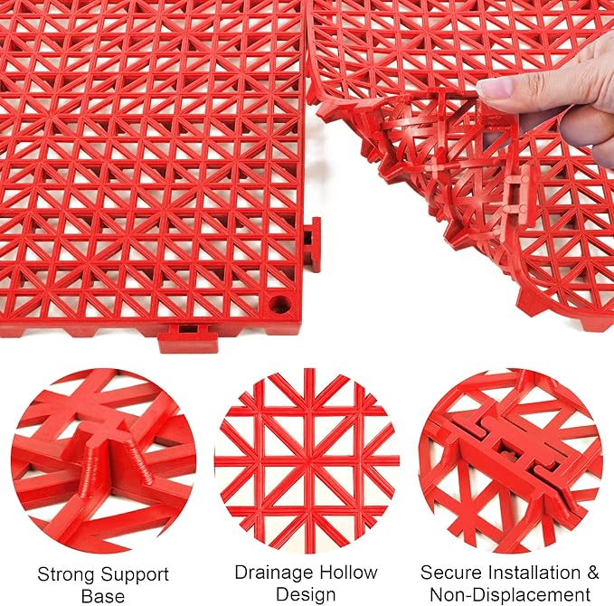 MYFAMIREA Modular Interlocking Cushion 12 Pack 11.8" x 11.8" Rubber Floor Tiles Non-Slip Splicing Drainage Mats for Deck, Pool, Outdoor Shower, Patio, Balcony, Indoor Bathroom, Kitchen, Yard (Red) - Image 4