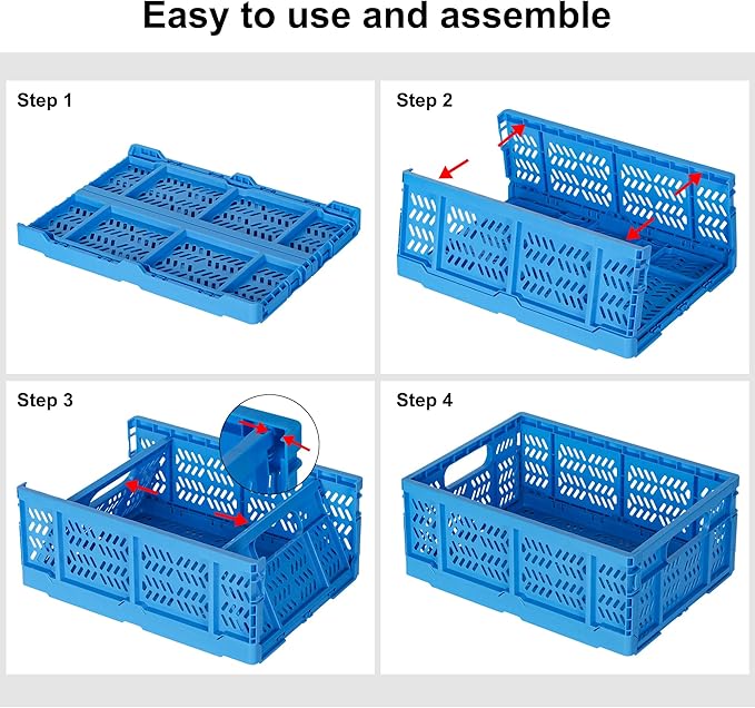Heavy Duty Plastic Milk Crates for Storage, 4-Pack Stackable Storage Bins for Organizing, Collapsible Storage Basket with Handle for Groceries, Suitable for Home Office School Store, Blue - Image 5