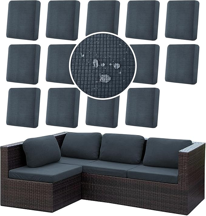 14Pcs Stretch Couch Cushion Covers, Water Resistant Outdoor Sofa Cuhsion Cover Replacement,Washable Outdoor Patio Chair Seat Cushion Covers for Furniture Protect (Charcoal Gray, Grid Textured) by CALBODE