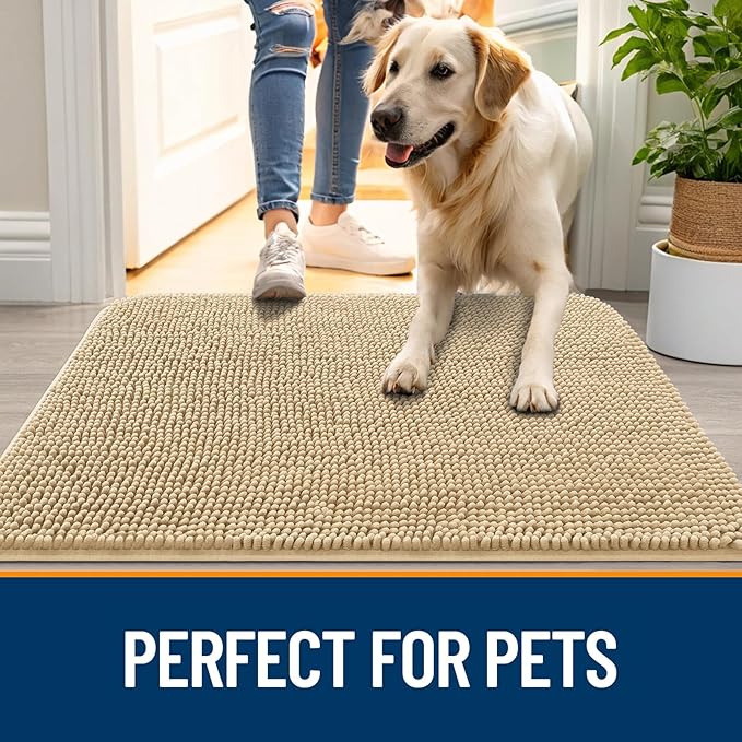 OLANLY Dog Door Mat for Muddy Paws 70x32, Absorbs Moisture and Dirt, Absorbent Non-Slip Washable Doormat, Quick Dry Chenille Mud Mat for Dogs, Entry Indoor Entryway Carpet for Inside Floor, Beige - Image 6