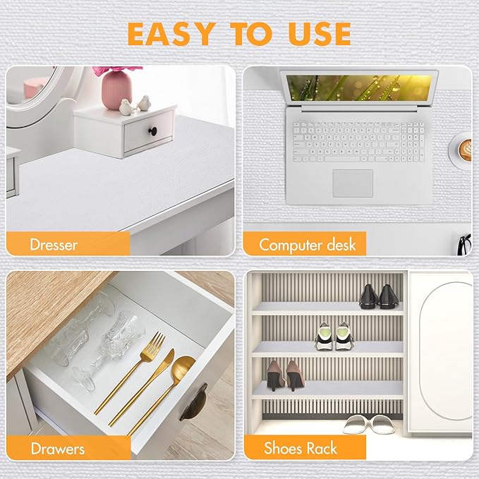 Viseeko Shelf and Drawer Liner for Kitchen Cabinet, Non-Adhesive Cabinet Liners for Shelves, Strong Grip Shelf Paper Non-Slip Waterproof Easy to Cut for Dresser Cupboard, White, 12 in x 30 ft - Image 6