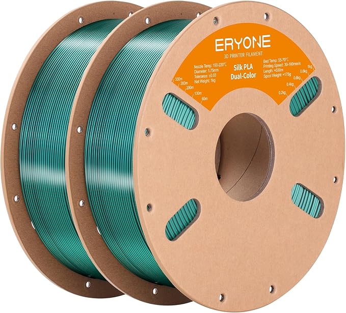 ERYONE Silk Dual Color PLA Filament 3D Printer 1.75mm +/- 0.03mm, Bicolor Filament Two Tone PLA Bundle 2KG Cardboard Spool, Black Green by ERYONE