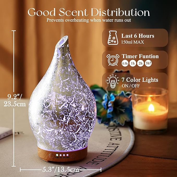 Porseme Essential Oil Diffuser Glass Aromatherapy Ultrasonic Humidifier, Air Refresh Auto Shut-Off, Timer Setting, BPA Free for Home Hotel Yoga Leisure SPA Gift 150ml Last 6H - Image 3