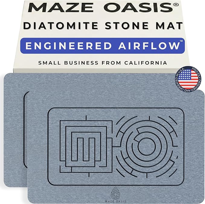 Stone Bath Mat Set (2 Pack) [Bath & Kitchen System] – Diatomaceous Earth Bathroom Mat & Stone Drying Mat for Kitchen Counter – Non Slip, Engraved Airflow – Serenity Ash by MAZEOASIS