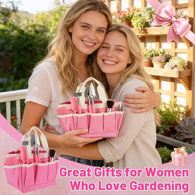 44pcs Small Gardening Tools Gifts for Women Beginners - Garden Hand Tools Set for Indoor Succulent Bonsai Plants Transplanting, Included Bag/Repotting Mat/Shovel/Labels, Pink - Image 7