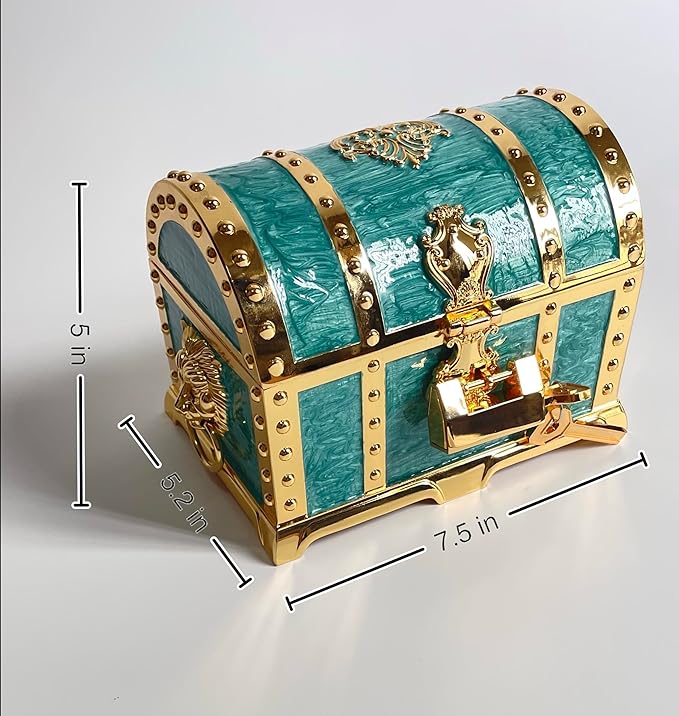 Large Double-layer Retro Metal Jewelry Chest, Pirate-style Lion Head Relief Treasure Box With Lock Women's Jewelry Storage (Oil Painting Green Golden) - Image 3