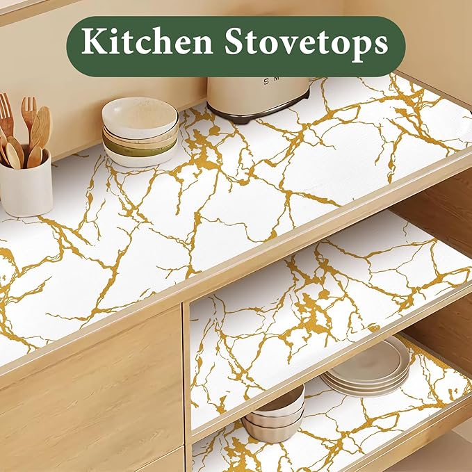 Drawer and Shelf Liner for Kitchen Cabinet Non Slip Waterproof Shelf Paper 12 in X 20 Ft Non Adhesive Refrigerator Liners Gold White Marble Easy Liners for Bathroom Cupboard - Image 6
