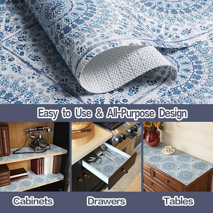 Drawer and Shelf Liner for Kitchen Cabinets Non-Adhesive Waterproof Boho Shelf Liner Strong Grip Non-Slip Drawer Liner Easy to Clean Blue Cabinet Liner for Shelf Dresser Cupboard 16IN × 10FT - Image 2