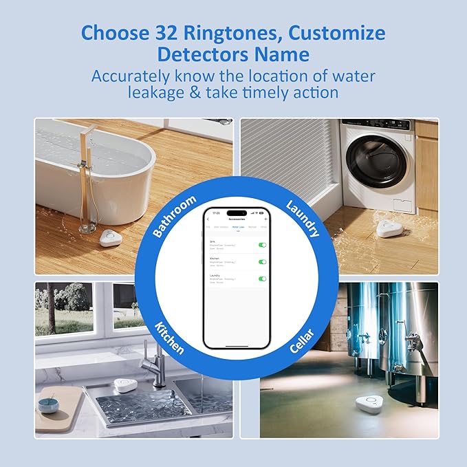 Smart Water Leak Detectors for Home WiFi with App Alerts, Stechro Ajustable 120dB Water Sensor Alarm Leak Detector for Basements Sink Kitchen Laundry, 1 Water Sensor & 1 Rechargeable Gateway - Image 4