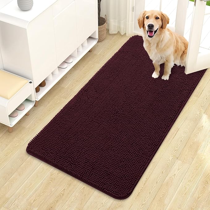 OLANLY Dog Door Mat for Muddy Paws 44x24, Absorbs Moisture and Dirt, Absorbent Non-Slip Washable Doormat, Quick Dry Chenille Mud Mat for Dogs, Entry Indoor Entryway Carpet for Inside Floor, Russet by OLANLY