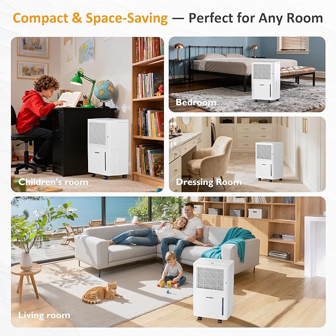 Sunvivi 22 Pints Dehumidifier for Home, 1500 Sq.Ft Dehumidifiers with 71OZ Water Tank, Drain Hose for Basement, Bedroom, Bathroom, RV, Garage, Living room, 360° Rotatable Wheels, 24H Timer, White - Image 7