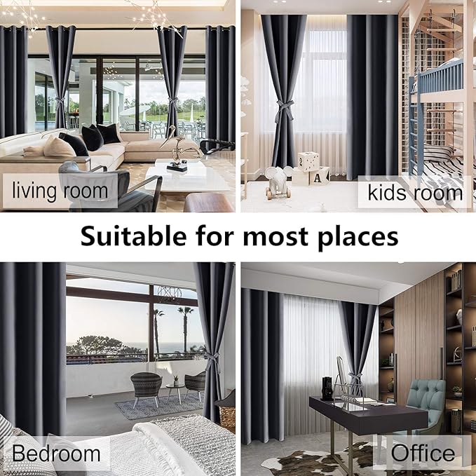 Hiasan Grommet Blackout Curtains for Bedroom, 52 x 30 Inches Long - Thermal Insulated & Light Blocking Window Curtains for Living Room, 2 Drape Panels Sewn with Tiebacks, Dark Grey - Image 7