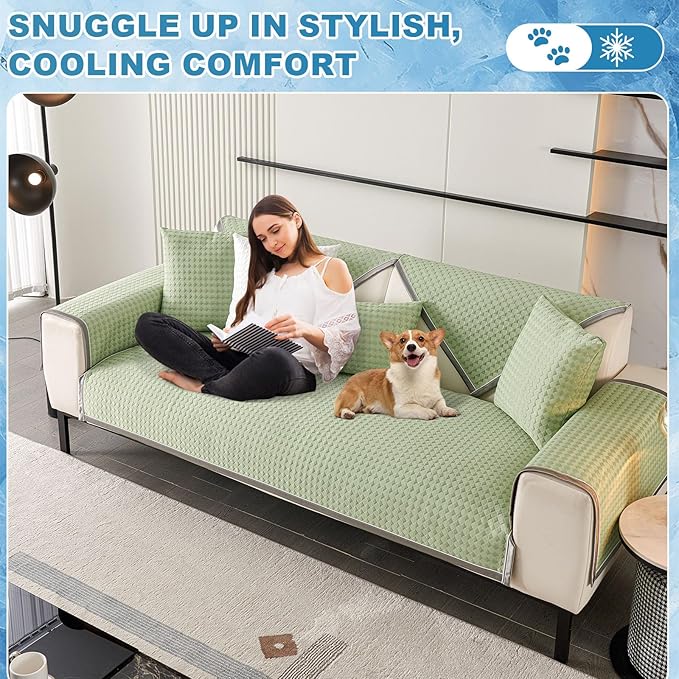 OTOB Cooling Dog Couch Cover Ice Silk Fiber, Washable & Non Slip Sofa Slipcovers Mat, Soft Couch Cover Cooling Mat, Durable Pet Friendly Furniture Protector Covers (Green, 28"*70") - Image 7