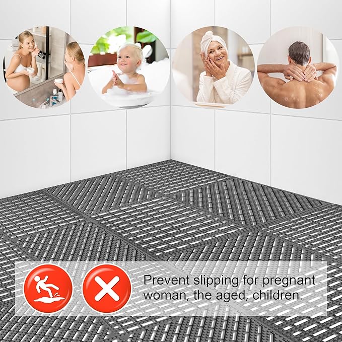MYFAMIREA Modular Interlocking Cushion 12 Pack 11.8" x 11.8" Rubber Floor Tiles Non-Slip Splicing Drainage Mats for Deck, Pool, Shower, Patio, Balcony, Bathroom, Kitchen, Yard (2 Rows Dots, Dark Gray) - Image 6