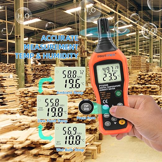 Protmex PT6508 Temperature Humidity Meter, Digital Thermometer Hygrometer Monitor with Ambient, Dew Point, Wet Bulb for Indoor/Outdoor MIN, MAX, Data Hold, LCD Backlight - Image 7