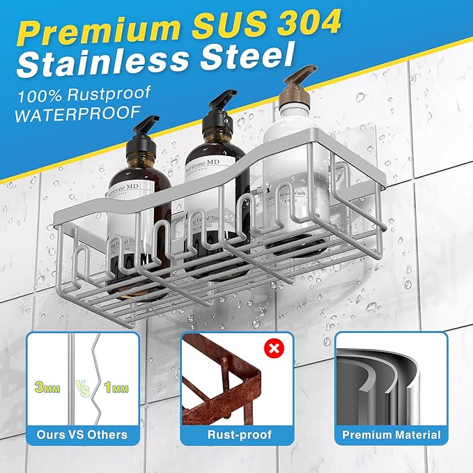 EUDELE 5-Pack Rustproof Stainless Steel Shower Caddy Set– No Drill Adhesive Bathroom Organizer, Space-Saving Shower Shelves for Apartment Essentials, Bathroom/Kitchen Storage Home Decor-L Size - Image 5