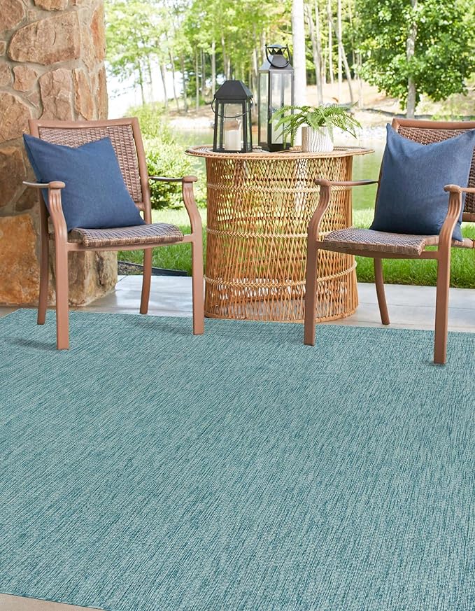 Unique Loom Collection Casual Transitional Solid Heathered Indoor/Outdoor Flatweave Area Rug (13' Square, Aquamarine/Ivory) - Image 3