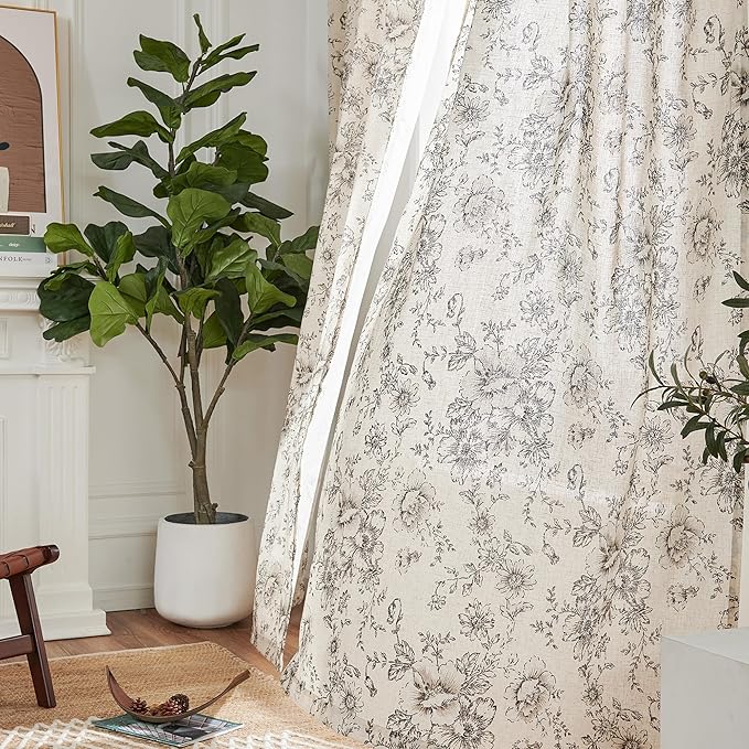 jinchan Pinch Pleated Curtains Floral Linen Blend Curtains for Living Room 63 Inch Length Black Peony Flower Printed Curtain Rod Pocket Back Tab Farmhouse Pinch Pleat Drapes with Hooks Set 2 Panels - Image 8