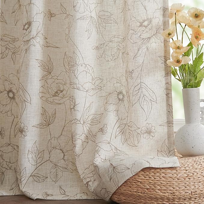 jinchan Floral Linen Curtains for Living Room 96 Inch Length Taupe Flower Curtain Rod Pocket Back Tab Farmhouse Curtains with Printed Floral Bedroom Window Curtain Set, 2 Panels Taupe - Image 7