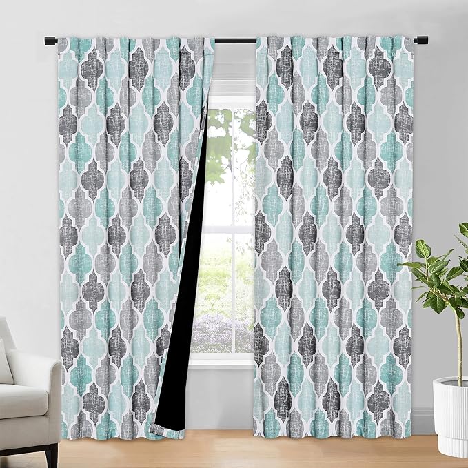 Beauoop 100% Blackout Curtains 96 Inches Long 2 Panels for Bedroom Living Room Aqua Grey Moroccan Geo Room Darkening Thermal Insulated Soundproof Rod Pocket Back Tab Window Treatments Drapes, 50x96 by Beauoop