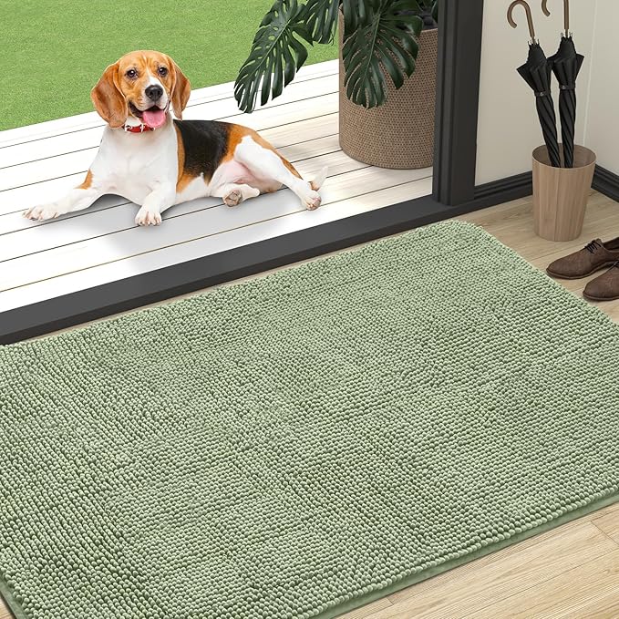 OLANLY Dog Door Mat for Muddy Paws 47x32, Absorbs Moisture and Dirt, Absorbent Non-Slip Washable Doormat, Quick Dry Chenille Mud Mat for Dogs, Entry Indoor Entryway Carpet for Inside Floor, Sage Green by OLANLY