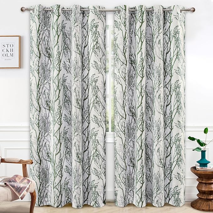 DriftAway Linen Printed Blackout Curtains Tree Branch Pattern Double Layer 96 Inches Long for Bedroom Thermal Insulated Summer Sound Lined Grommet Drapes for Living Room 2 Panels Loden Green/Linen by DriftAway