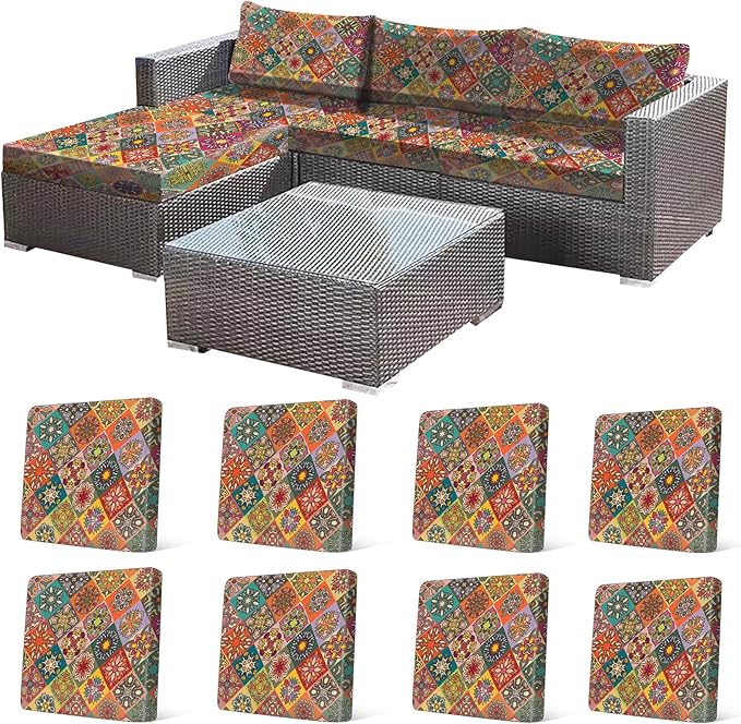 8Pcs Stretch Patio Cushion Cover, Bohemian Colored Geometric Pattern Couch Covers for Patio Furniture Cushions Washable Reusable Couch Covers Replacement for Fall Winter(Cover Only) by CALBODE