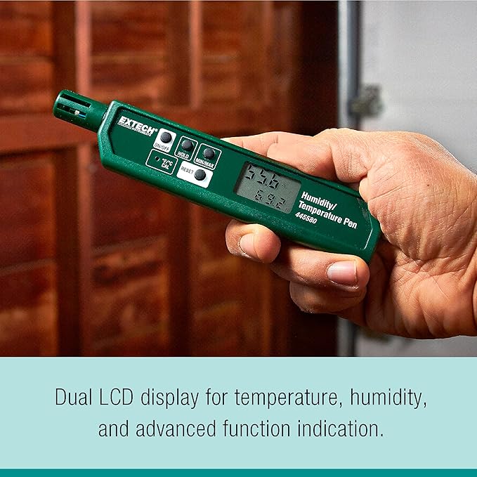 Extech 445580 Humidity and Temperature Pen with Fast Response Sensor, Min/Max Memory, Dual LCD, Pocket-Sized Hygrometer for HVAC, Labs, Storage Rooms, Indoor Air Monitoring - Image 3