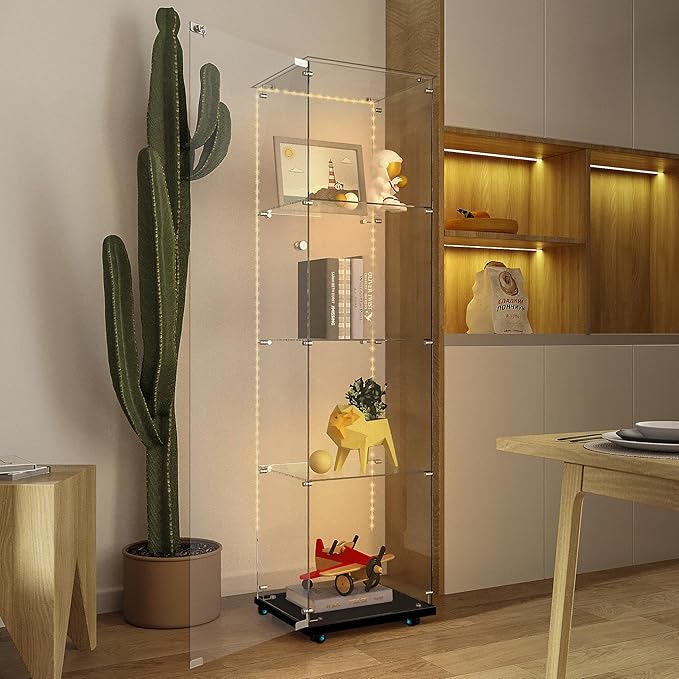 Yoluckea 4 Tiers Glass Display Cabinet with Bluetooth LED Light Strip, 1 Door Floor Standing Curio Cabinet with Universal Wheel for Home Office Display, Black Glass Bookshelf for Collections,Clear Top - Image 6
