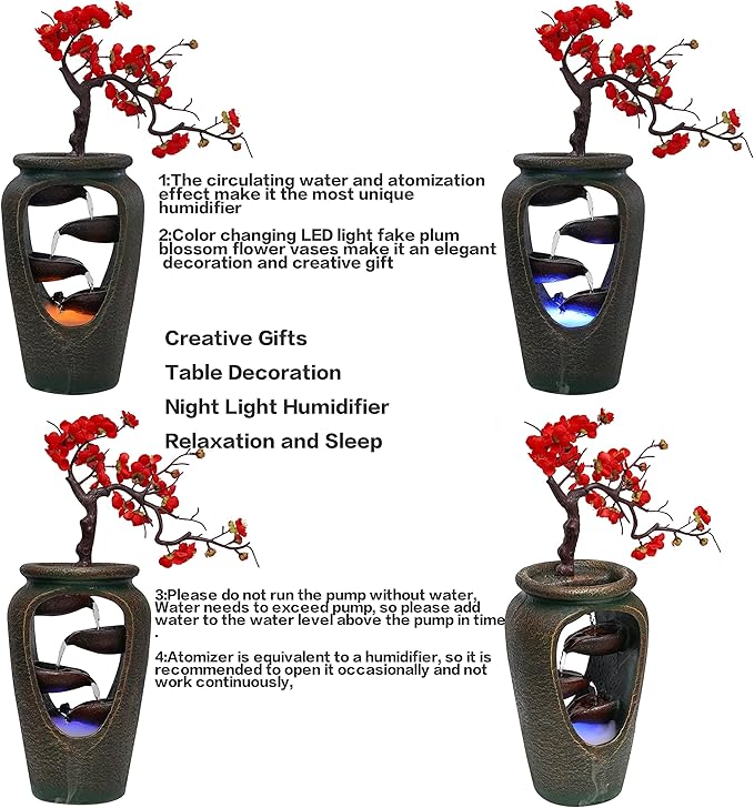 20Inch Tabletop Decorative Flower Vase Style Bonsai Waterfall Fountain Humidifier with LED Lights and Atomizer, Desktop Water Fountains for Any Dining Room, Living Room, Bedroom, Cafe Or Office - Image 6