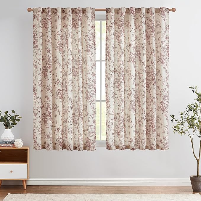 jinchan Linen Blend Curtain Floral Curtains for Living Room 63 Inch Length Farmhouse Brick Red Printed Curtain Rod Pocket Back Tab Peony Flower Patterned Drapes Curtains Set 2 Panels by JINCHAN