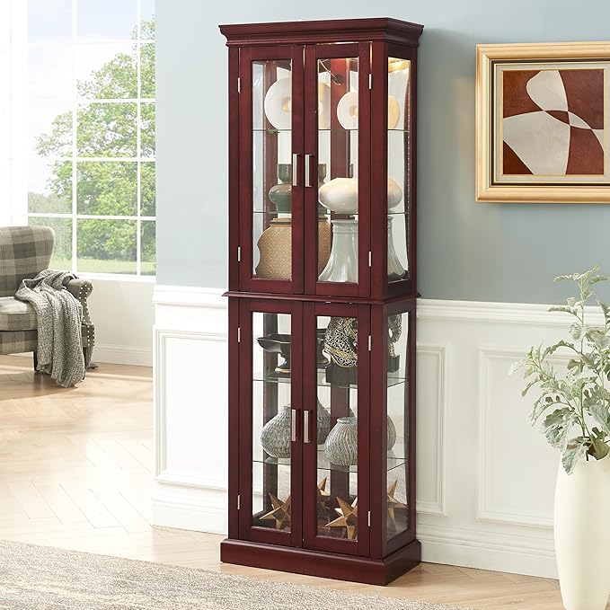 Lighted Wooden Display Curio Cabinet,Cabinet with Tempered Glass Door & 6 Shelves,Vintage 3 Side Glass Display Curio Cabinet,Bar and Liquor Storage Area,Glass Bookshelf,E26 light bulb Unincluded - Image 7