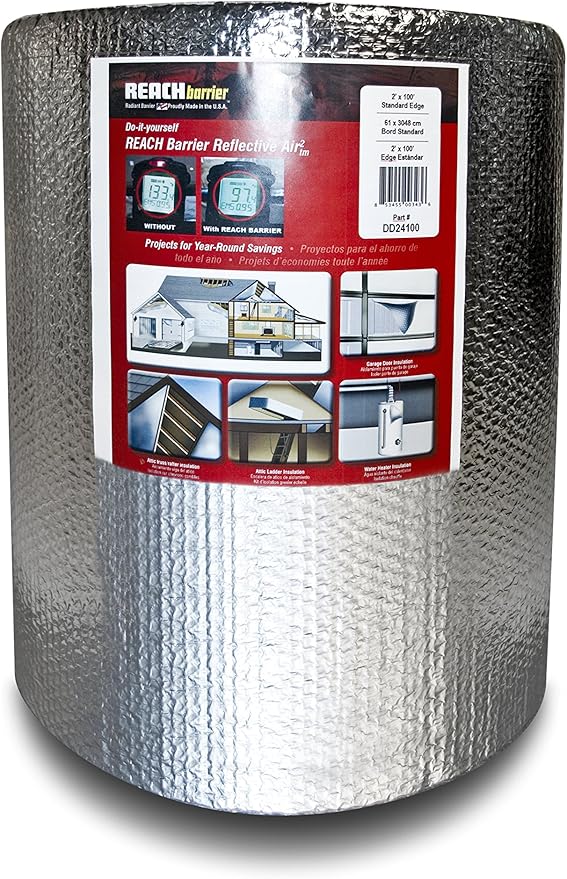 DD24100 Double Reflective Air, Polyethylene Insulation Roll, (2 ft x 100 ft), Sound Reduction, Easy Installation, for Attics, Exterior and Interior Walls, Garage Ceilings, and More by Reach+Barrier