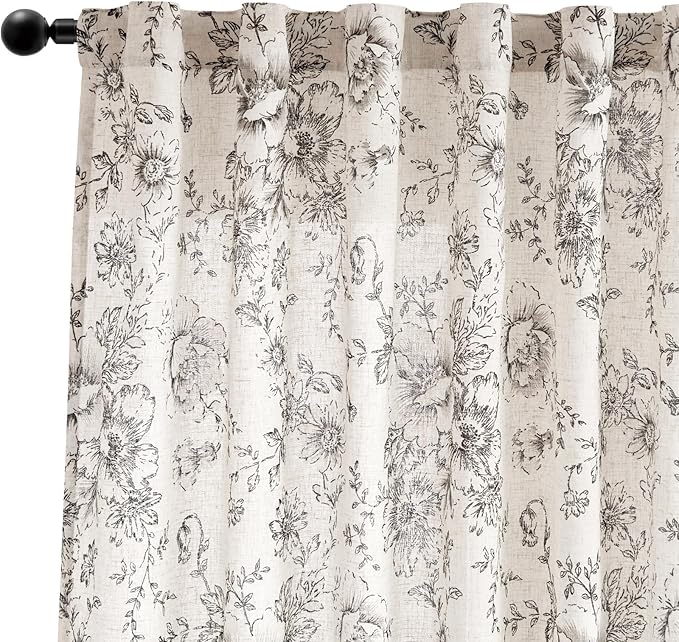 jinchan Linen Blend Curtain Floral Curtains for Living Room 96 Inch Length Black Printed Curtain Back Tab Farmhouse Peony Flower Patterned Drapes Bedroom Window Curtains Set 2 Panels - Image 9