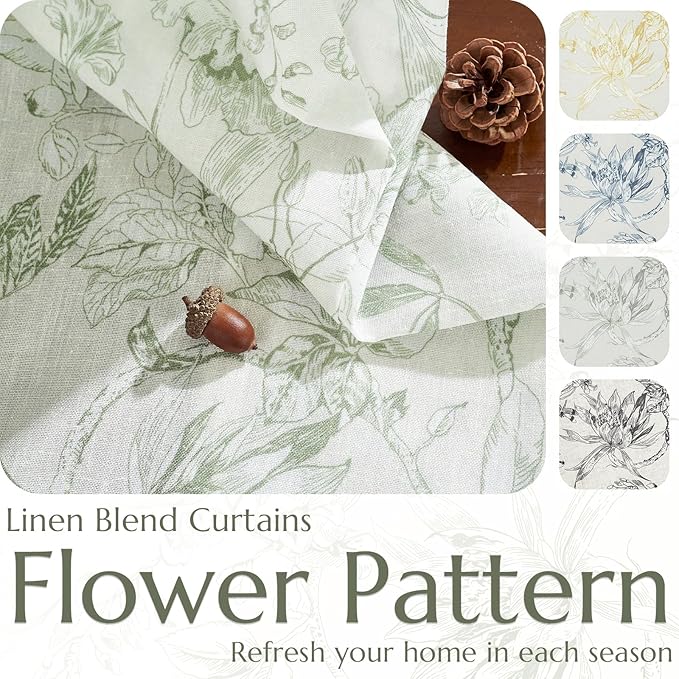jinchan Floral Curtains 108 Inch Length Sage Green Flower Linen Farmhouse Curtain for Living Room French Country Vintage Curtain Rod Pocket Curtains Set 2 Panels Floral Printed - Image 4