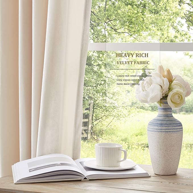BULBUL Cream Velvet Curtains 72 inch:Ivory Luxury Elegant Living Room Curtain-Privacy Modern Light Blocking Thermal Insulated Soundproof Room Darkening Drapes for Classical Bedroom Set of 2 - Image 5