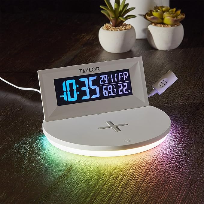 Taylor Digital Weather Station with Wireless Smart Device Charging, Indoor Temperature and Humidity, Clock with Alarm, Calendar, Changeable Glow Light, White - Image 6