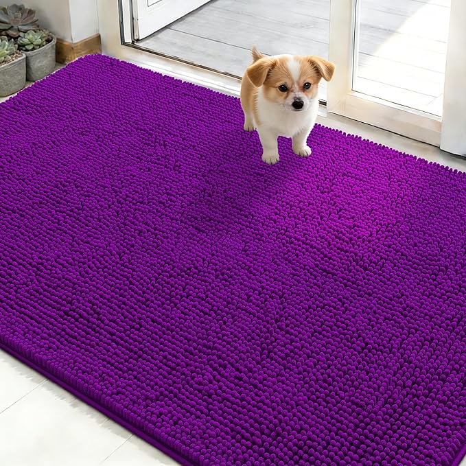 OLANLY Dog Door Mat for Muddy Paws 48x30, Absorbs Moisture and Dirt, Absorbent Non-Slip Washable Doormat, Quick Dry Chenille Mud Mat for Dogs, Entry Indoor Entryway Carpet for Inside Floor, Purple by OLANLY