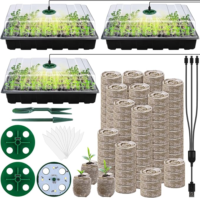 3 Pack Seed Starter Tray Kit with Grow Light Germination Trays with Humidity Dome, 120 Peat Pellets, Gardening Tools, Plant Labels, Plant Growing Trays for Seeds Growing Starting, Black by Hahood