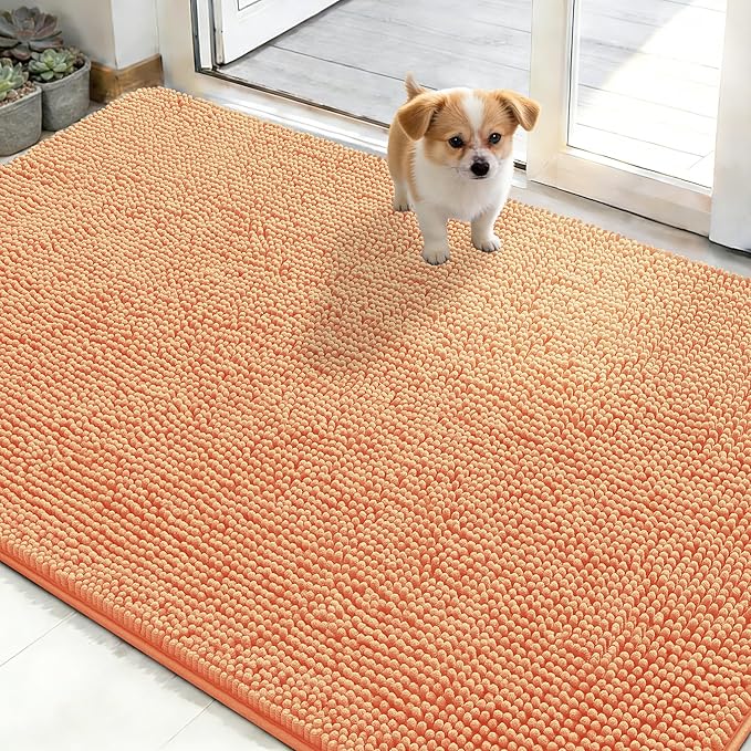 OLANLY Dog Door Mat for Muddy Paws 50x30, Absorbs Moisture and Dirt, Absorbent Non-Slip Washable Doormat, Quick Dry Chenille Mud Mat for Dogs, Entry Indoor Entryway Carpet for Inside Floor, Orange by OLANLY