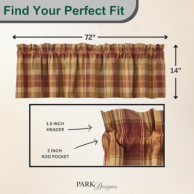Park Designs Farmhouse Kitchen Valances for Windows - Red Saffron | Fall Decor Window Valance Curtains | Plaid Curtain Valances for Windows | Ideal for BOHO Living Rooms & Bathrooms | 72" x 14" - Image 3