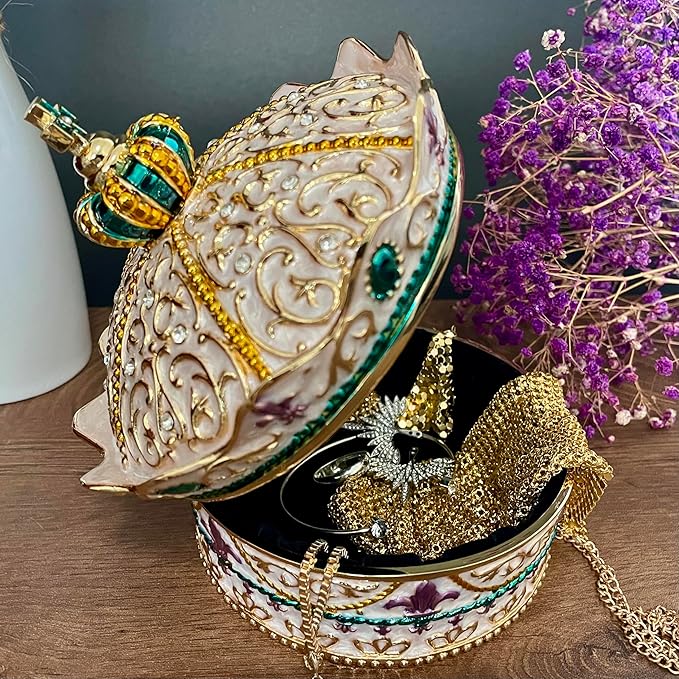 Crown Shape Jewelry Chest,Yurt Style Vintage Metal Gem Box,Round Alloy Retro Patterned Storage Case (Golden White, XL) - Image 3