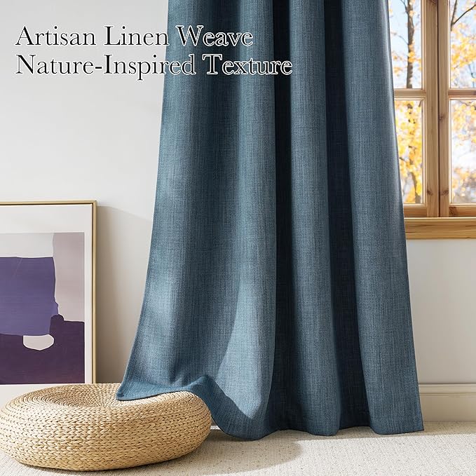 NICETOWN Mist Blue Faux Linen Room Darkening Rod Pocket Curtains 63 inch Length, W42 x L63, Light Blocking Thermal Insulated Noise Reducing Drapes for Bedroom Living Room Farmhouse Decor, 2 Panels - Image 3