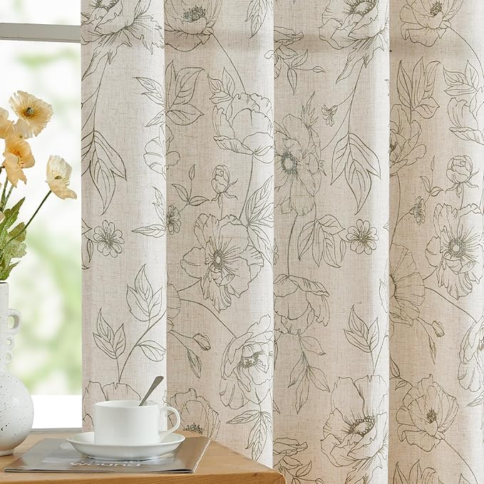jinchan Floral Linen Curtains for Living Room 63 Inch Length Green Flower Curtain Rod Pocket Back Tab Farmhouse Curtains with Printed Floral Bedroom Window Curtain Set, 2 Panels Green by JINCHAN