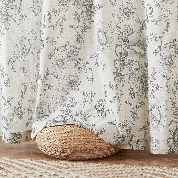 jinchan Linen Blend Curtain Floral Curtains for Living Room 54 Inch Length Grey Printed Curtain Rod Pocket Back Tab Farmhouse Peony Flower Patterned Drapes Bedroom Window Curtains Set 2 Panels - Image 6