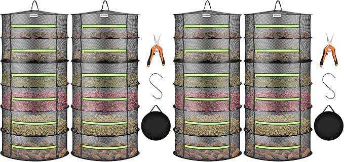 VIVOSUN 4-Pack 6-Layer Mesh Drying Rack Hanging Design with Green Zippers for Dehydrating, Indoor and Outdoor (Pruning Shears Included) by VIVOSUN