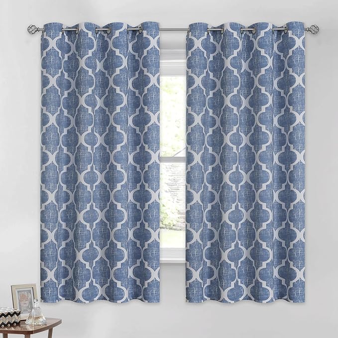 Beauoop 100% Blackout Curtains 45 Inches Long 2 Panels for Bedroom Living Room Blue Moroccan Geo Room Darkening Thermal Insulated Soundproof Grommet Top Window Treatments Drapes, 50x45 Set of 2 by Beauoop