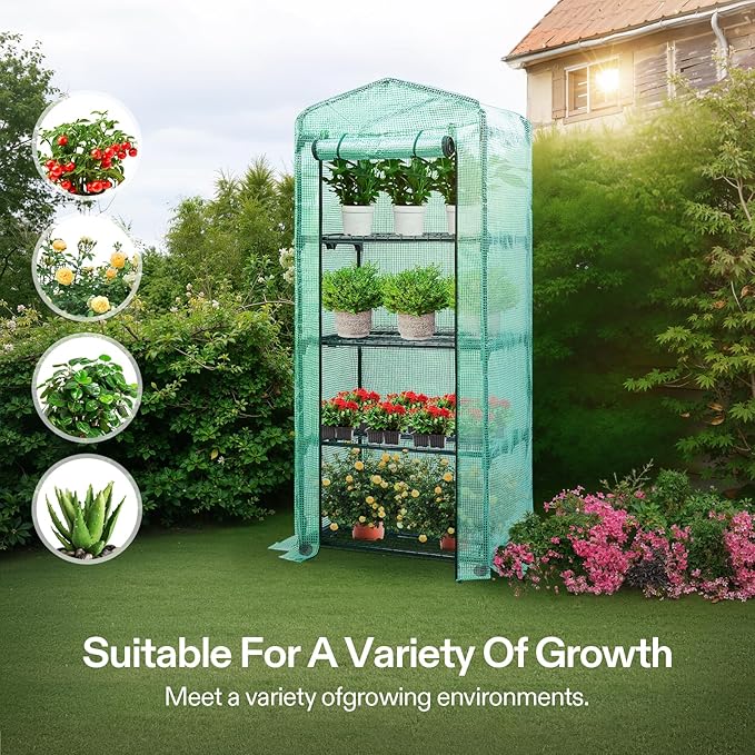 VIVOSUN Mini 4-Tier Greenhouse with Wheels, 27 x 19 x 63-Inch Reusable Portable Warm House with Green PE Cover and Shelf for Compact Garden and Small Backyards, with Wheels - Image 6