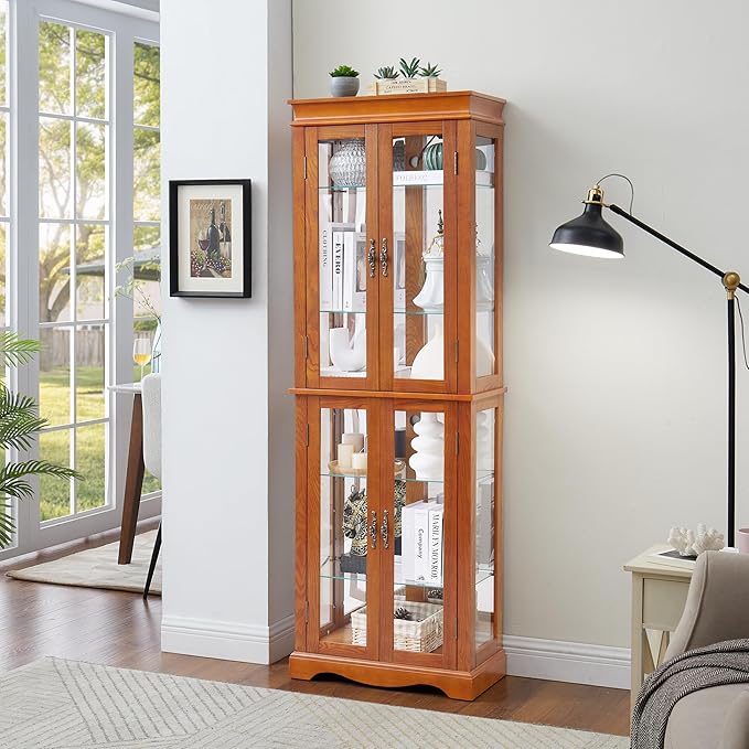 Glass Curio Cabinet with Lights & Adjustable Shelves, Corner Cabinet for Kitchen, Living Room, Office (Free Standing, Light Bulb Included) - Walnut, 70.08"H x 23.82"W x 11.81"D - Image 2
