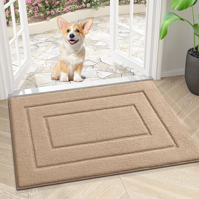 Smiry Dog Door Mat for Muddy Paws, Absorbs Moisture and Dirt, Low-Profile Entryway Mat with Non-Slip Backing, Entry Indoor Outdoor Doormat for Inside Floor (24x16 Inches, Beige, Bordered) by Smiry